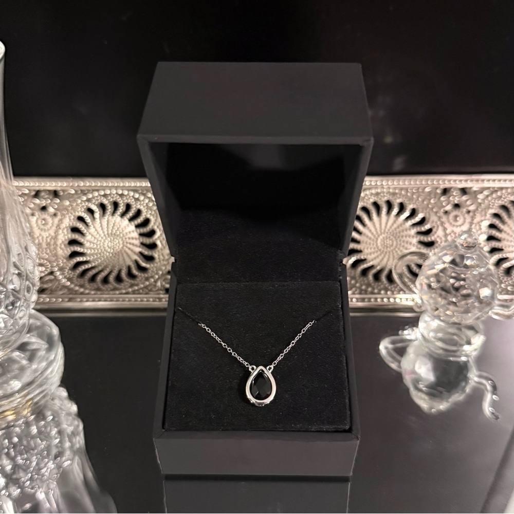 Sterling Silver Onyx & White Topaz Teardrop Necklace